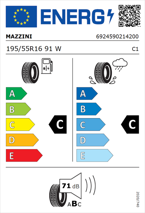 Tyre Label for Mazzini Eco 605 Plus 195/55R16 91W