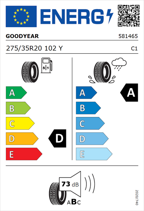 Tyre Label for Goodyear Eagle F1 SuperSport 275/35R20 102Y