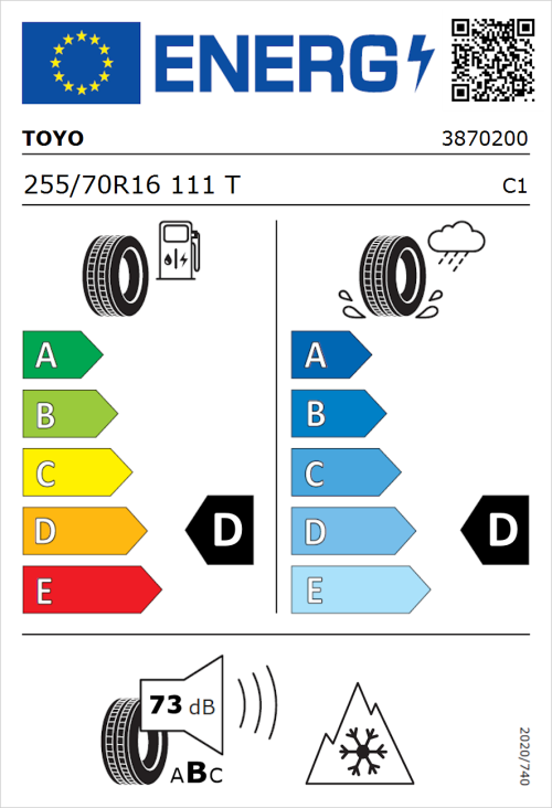 Tyre Label for Toyo Open Country ATIII 255/70R16 111T