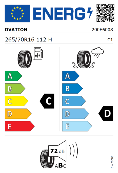 Tyre Label for Ovation VI-286 HT 265/70R16 112H