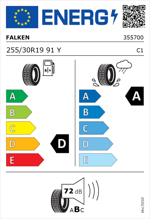 Tyre Label for Falken Azenis RS820 255/30R19 91Y