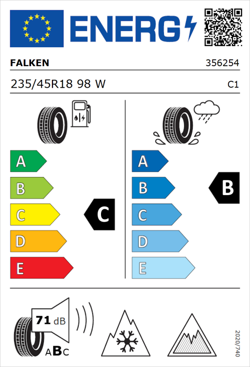 Tyre Label for Falken Euroall Season AS220 PRO 235/45R18 98W