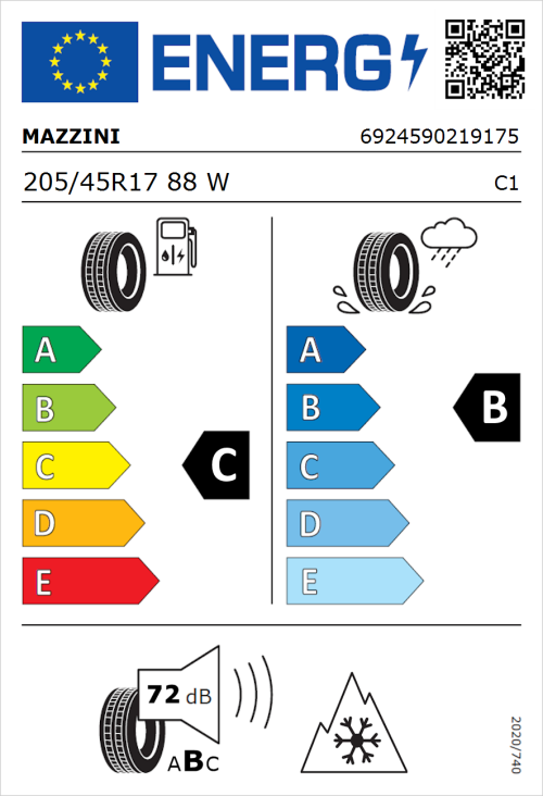Tyre Label for Mazzini Versat-AS8 205/45R17 88W
