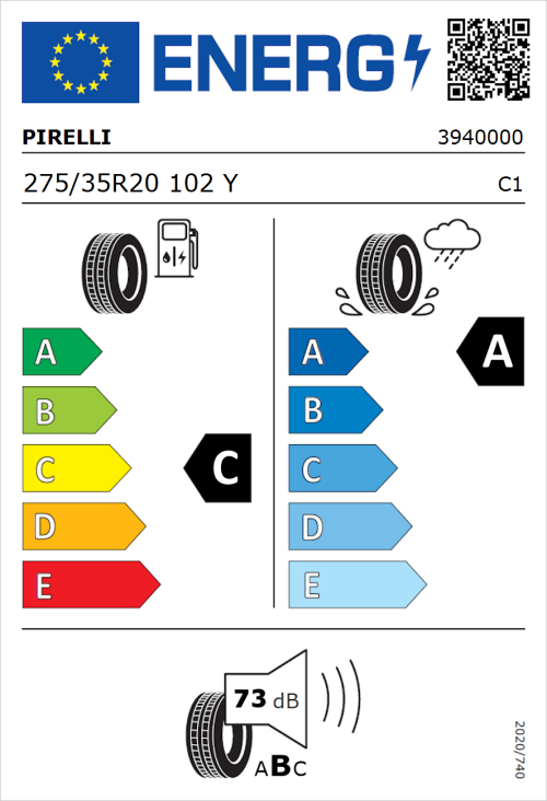 Tyre Label for Pirelli P Zero (PZ4) Sport Car 275/35R20 102Y