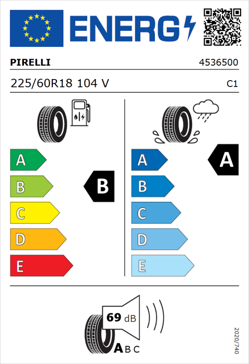 Tyre Label for Pirelli Powergy 225/60R18 104V