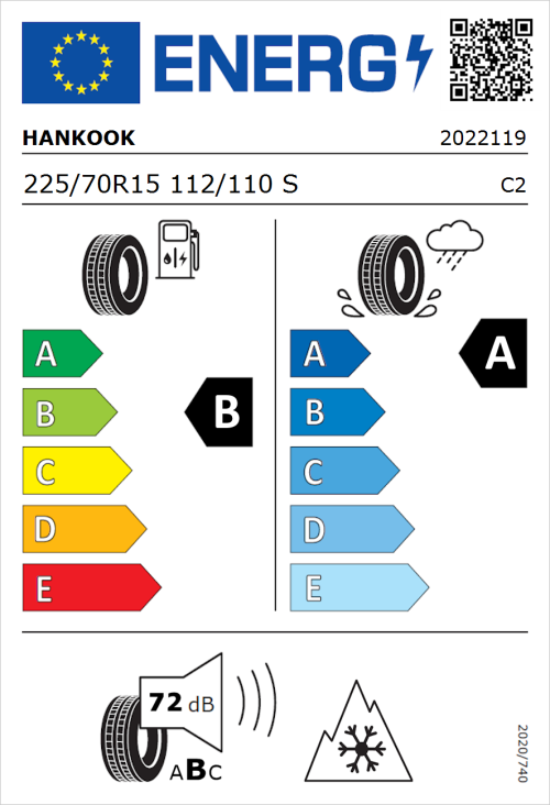 Tyre Label for Hankook Vantra Transit (RA58) 225/70R15 112/110S